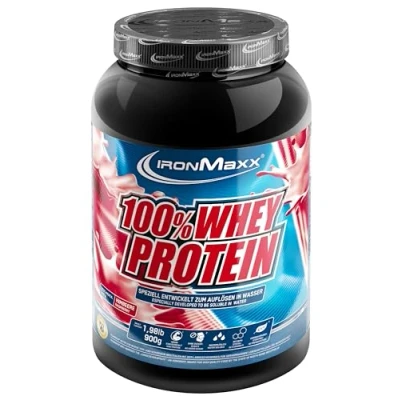 Obrázek IronMaxx 100% syrovátkový proteinový prášek syrovátka rozpustný ve vodě, příchuť maliny, 900 g dóza (balení po 1 ks)