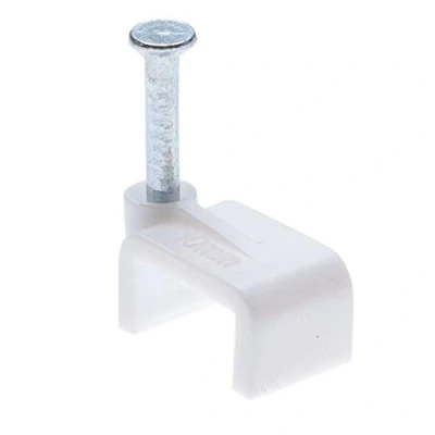 Obrázek kabelové svorky bílé ploché 7 mm hřebíková svorka s nasazeným hřebíkem pro Cat 5 5e, 6 6a, Cat.5 Cat.5e, Cat.6 Cat.6a, Cat.7 6P4C / 8P8C RJ11 RJ45 (100