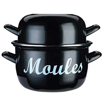 Obrázek Středomořský hrnec na mušle KitchenCraft World of Flavours, smaltovaný vaření, nápis &quot;Moules&quot;, černý, velký, 25 cm
