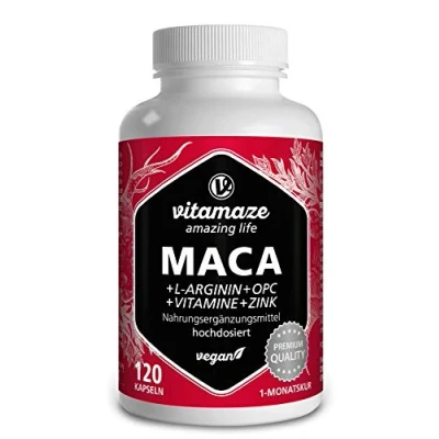 Obrázek Maca Kapsle s vysokým dávkováním 5000mg + L Arginin VITAL Formula B6, B12, OPC, Zinek, 120 veganských kapslí po dobu 1 měsíce, německá prémiová kvalita