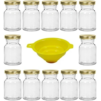 Obrázek Viva Haushaltswaren 12 sklenic na koření/zavařovací sklenice 150 ml se zlatým uzávěrem, kulaté Twist Off lze použít jako marmeládu, skleněné dózy a zásobní (vč. nálevky)