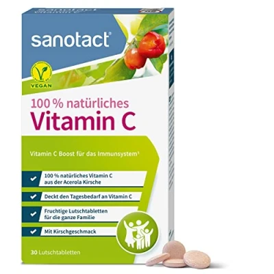 Obrázek sanotact vitamín C (30 pastilky) Veganské tablety Acerola 100% přírodní pro děti a dospělé vysoce koncentrovaný vitamin z třešně posílení imunitního systému