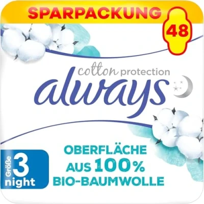 Obrázek Always ultra Binden dámské vel. 3, Cotton Protection Night, 48 dámských vložek s křídly (3 x 16 kusů), měsíční balení, tenké a super absorpční