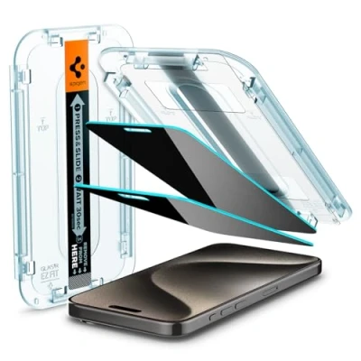 Obrázek Spigen Sklo. tR EZ Fit ochranná fólie na ochranu před nežádoucími pohledy kompatibilní s iPhone 15 Pro Max, 2 kusy, ochrana soukromí, odolná proti poškrábání, tvrdosti 9H