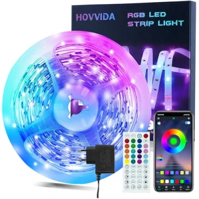 Obrázek HOVVIDA LED pásek 10 m, 1 role, 30 LED/metr, RGB pásky, 300 LED, aplikace a dálkové ovládání, hudební režim, režim načasování, do pokoje, obývacího kuchyně, ložnice, baru, party
