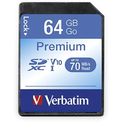 Obrázek Verbatim Premium U1 SDXC paměťová karta, 64 GB, SD karta pro nahrávání videa ve Full HD, s integrovanou ochranou proti zápisu, černá, aj. kameru a PC