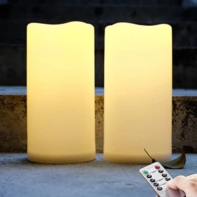 Obrázek NONNO&amp;ZGF 10 cm x 20 venkovní velké LED vodotěsné svíčky, plastová svíčka na baterie s funkcí dálkového ovládání/časovače (teplé bílé světlo) 2dílná sada