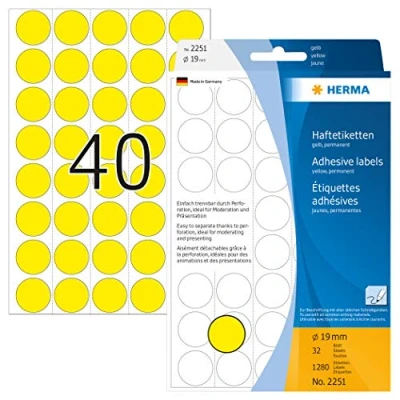 Obrázek HERMA 2251 bodová nálepka lepící body perforované žluté, 1280 kusů, Ø 19 mm, 40 na arch, samolepicí, označovací pro kalendář plánovací kalendář, matné, prázdné papírové barevné puntíky