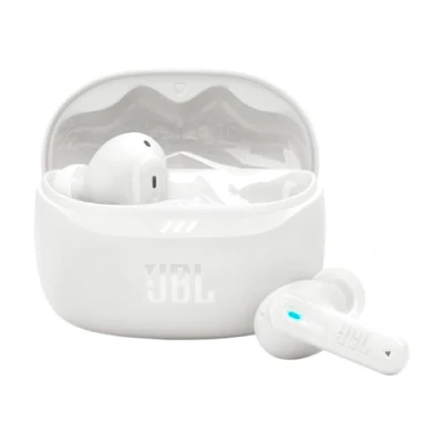 Obrázek JBL Tune Beam 2, bezdrátová Bluetooth sluchátka do uší s potlačením okolního šumu, doba přehrávání 48 h, IP54 odolná proti vodě a prachu, multipointové spojení, ergonomický design, bílá