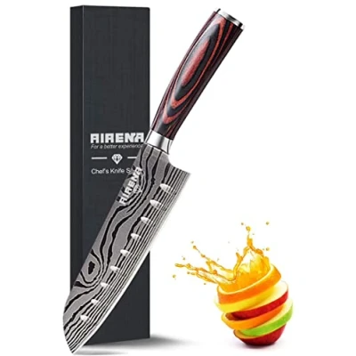 Obrázek AIRENA Japonský nůž Santoku, 7palcový kuchařský profesionální německý z uhlíkové ušlechtilé oceli extra ostrá čepel nože s ergonomickou rukojetí, nejlepší pro domácí kuchyně