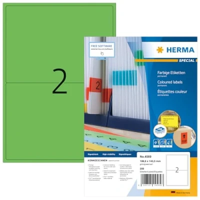 Obrázek HERMA 4569 barevné štítky zelené, 100 listů, 199,6 x 143,5 mm, 2 na arch A4, 200 kusů, samolepicí, potištěné, matné, prázdné papírové