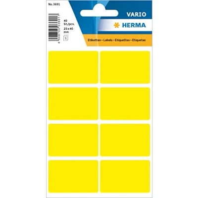 Obrázek HERMA 3691 Víceúčelové etikety (25 x 40 mm, 5 listů, papír, matný) samolepicí, permanentně přilnavé pro domácnost k ručnímu popisu, lepicích štítků, žluté