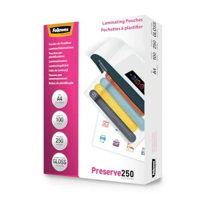 Obrázek Fellowes laminovací fólie A4, 250 mikronů (2 x mic), s lesklou povrchovou úpravou, velmi silné, 100 kusů