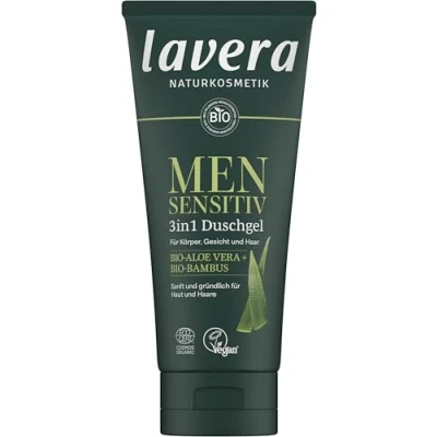 Obrázek lavera Men sensitiv sprchový gel 3 v 1 osvěžující a oživující pro citlivou pokožku bio bambus aloe vera veganský přírodní kosmetika 200 ml