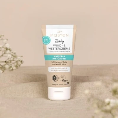 Obrázek MABYEN Větrný a povětrnostní krém 50 ml ÖKO TEST Velmi dobrý dětský na tělo obličej certifikovaná přírodní kosmetika Natrue, Vegan, bez parfémů, vody.