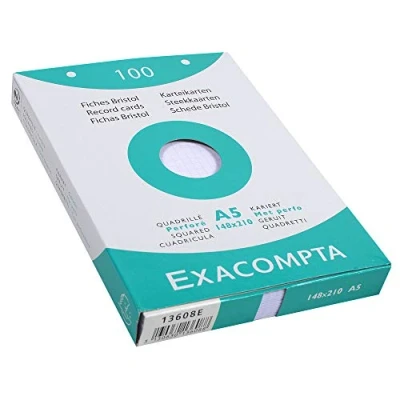 Obrázek Exacompta 13608E balení 100 ks kartotéční lístky čtverečkované DIN A5 v kartonové krabici 14,8 x 21 cm děrované, ideální pro školy a univerzitu učení bílé