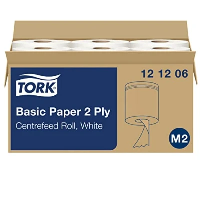 Obrázek Tork 121206 standardní papírové utěrky bílé pro M2 dávkovač s vnitřním odvíjením ubrousky z papíru, 2vrstvé &amp; ražené 6 rolí x 160 m, perforované 457 ubrousků (20 35 cm) na roli