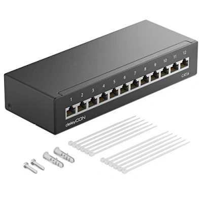 Obrázek deleyCON CAT 6 patch panel rozvodné pole 12 Port 1 HE Desktop a montáž na stěnu nádobí 12x RJ45 zdířka LAN síť instalační kabel TIA568A TIA568B RAL 9005 černý