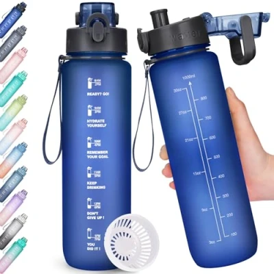 Obrázek AOHAN láhev na pití, 1l vodu bez BPA, sportovní zabezpečená proti vytečení, s označením času pro fitness, kancelář, školu, jógu, outdoor