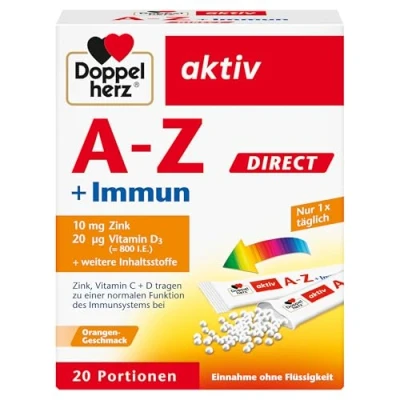 Obrázek Doppelherz AZ + Immun DIRECT se zinkem, vitamínem B12, vitaminem C a D jako příspěvek k normální funkci imunitního systému tekutiny, 20 sáčků