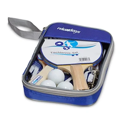 Obrázek Relaxdays Sada na stolní tenis taška, 2 dřevěné naběračky, 3 míče tenis, síť ping pong v x š h: cca 14 150 1,7 cm, modrá, 1 kus