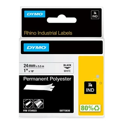 Obrázek DYMO Rhino Industrie permanentní polyesterové etikety 24 mm x 5,5 m černé na bílé samolepicí popisovací páska pro zařízení a LabelManager
