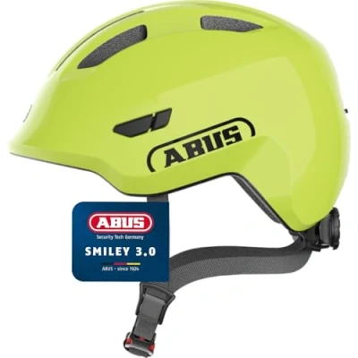 Obrázek ABUS Dětská helma Smiley 3.0 cyklistická přilba s hlubokým střihem, design vhodný pro děti a místo cop dívky chlapce žlutá lesklá, velikost M