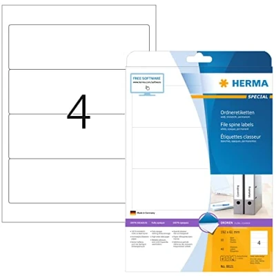 Obrázek HERMA 8621 Etikety na hřbety pořadačů krátké, široké, 10 listů, 192 x 61 mm, 4 arch A4, 40 kusů, samolepicí, potisknutelné, neprůhledné, prázdné papírové štítky pořadače, samolepicí nálepky,