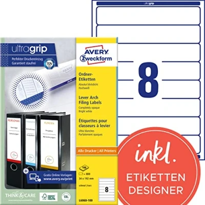 Obrázek AVERY Zweckform L6060 100 etikety na hřbety pořadačů (800 štítků hřbetu s ultra gripem, 34 x 192 mm A4, úzké/krátké, samolepicí, absolutně neprůhledné, potištěné pořadače) listů,