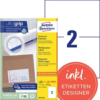 Obrázek AVERY Zweckform 3655 200 univerzální etikety (400 plus 40 lepicích etiket extra, 210 x 148 mm na A4, tištěné přepravní štítky, samolepicí zásilkové nálepky s ultragripem, DHL) 220 listů, bílé