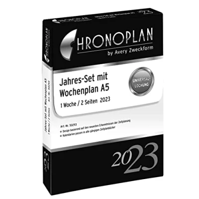 Obrázek Chronoplan 50293 kalendářová vložka 2023, roční sada A5 s týdenním plánem (148 x 210 mm), náhradní kalendář, ideální pro profesionální týdenní plánování, časem, více děrování (1 týden na 2