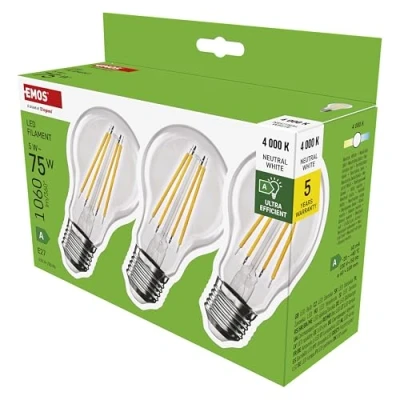 Obrázek EMOS LED lampa Filament A60 A třída vintage žárovka patice E27 neutrální bílá 1060 lm extra úsporná, 5 W (namísto 75W žárovky) 50000 hodin úhel 300 CRI min. balení 80 3 ks