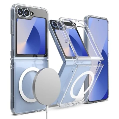 Obrázek Ringke Fusion magnetické pouzdro kompatibilní se Samsung Galaxy Z Flip 6, odolné proti poškrábání tvrdý PC + měkké TPU protižluté průhledné na mobil pro bezdrátové nabíjení čiré