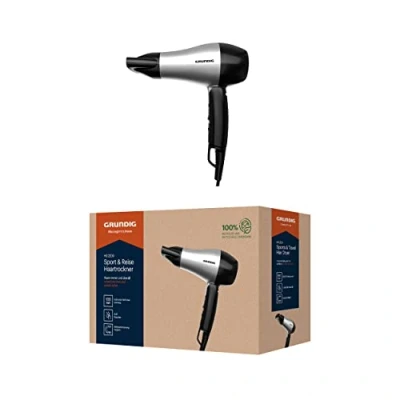 Obrázek Grundig Sportovní a cestovní vysoušeč vlasů HD 2200, vlasů, fén, 1200 W, 2 teplotní stupně, stupně proudění vzduchu, 1,8m kabel, sklopná rukojeť, extrémně lehká, celosvětově