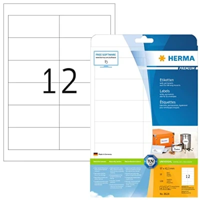 Obrázek HERMA 8628 univerzální etikety, 10 listů, 97 x 42,3 mm, 12 na arch formátu A4, 120 kusů, samolepicí, potisknutelné, matné, prázdné papírové lepicí etikety samolepky, bílé