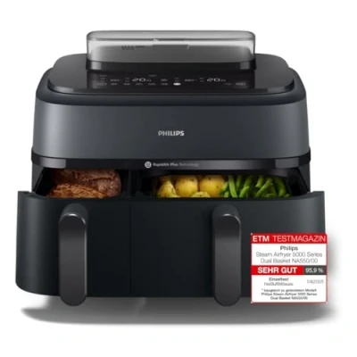 Obrázek Philips Steam Airfryer 5000 Series Dual Basket &amp; Dampfgarer in einem Gerät, 9L, RapidAir Plus Technologie, 19 Kochfunktionen, 90% weniger Fett, 2 Körbe, Dampfreinigung (NA550/00)