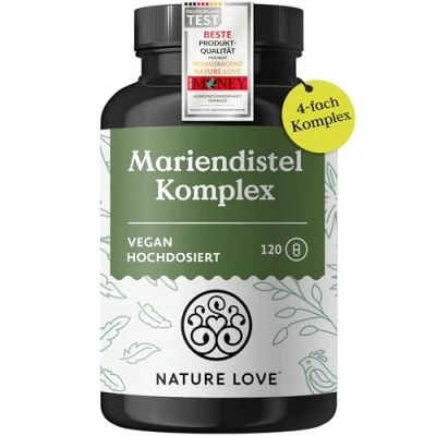 Obrázek NATURE LOVE® Ostropestřec mariánský, extrakt z artyčoku, pampelišky a desmodium 4násobný komplex 120 veganských kapslí vysoká dávka s 80 % silymarinu laboratorně testováno, dávka,