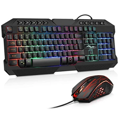 Obrázek BAKTH Sada herní klávesnice a myši, LED podsvícení QWERTZ DE layout, barvy duhy osvětlená USB vodotěsná myš s 3600 DPI pro PC hráče