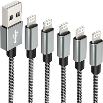 Obrázek IDISON Lightning Kabel USB 5 Set, iPhone ladekabel lang 2m,2m,3m,1m,1m,iPhone 5erPack verschiedene längen MFi for 13 12 11 Pro XS Max XR X 8 Plus 7 6 5s SE(Schwarz&amp;Grau)