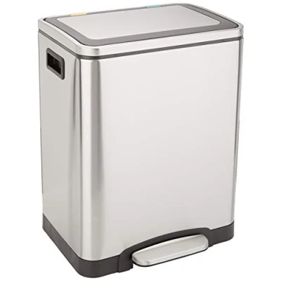 Obrázek Amazon Basics 30l obdélníkový odpadkový koš Dual Bin Soft Close s nožním pedálem 2 x 15 litrů kbelík, nerezová ocel, stříbrná, vhodný pro 1 nebo osoby