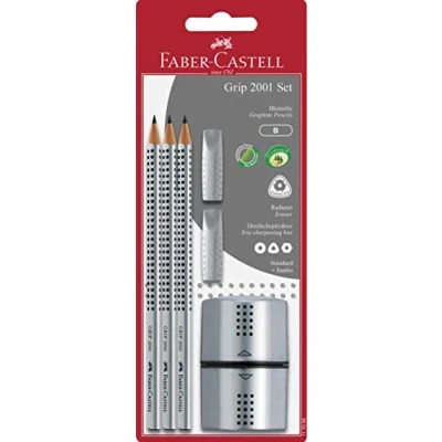 Obrázek FABER CASTELL 117098 psací sada GRIP 2001, obsah: 3 tužky, 2 guma, 1 ořezávátko, stříbrná