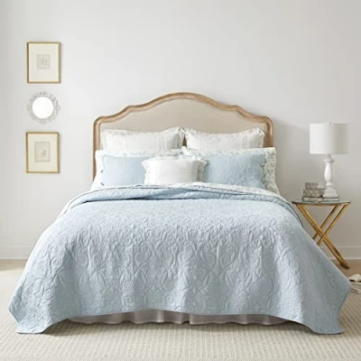 Obrázek Laura Ashley Sada ložního prádla King Size z bavlny, možnost použití, s vhodnými povlaky na polštáře, ideální pro všechna roční období, předpraná dodatečnou měkkost, Breeze Blue
