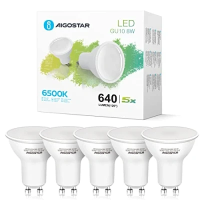 Obrázek Aigostar GU10 LED studená bílá 8W světelný zdroj, žárovky 640 Lumpe 6500K, úhel vyzařování 100 120 stupňů, lampa zářič bez blikání nestmívatelná Reflektor 5dílné balení