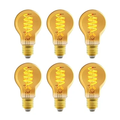 Obrázek Amazon Basics Vintage LED žárovka, E27, antický styl, retro jantarové sklo, A60, 4 W (odpovídá 25 W), 1800 K, ultra teplé světlo pro dekoraci, 6 kusů