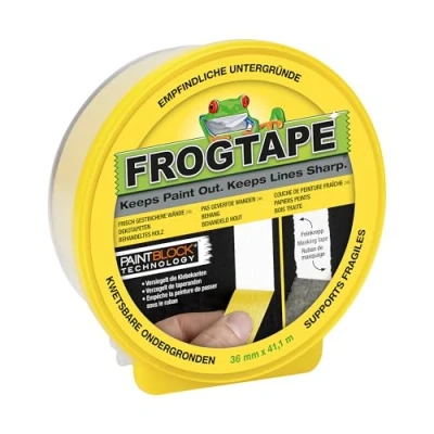 Obrázek Malířská krepová páska Frog Tape pro citlivé povrchy, 36 mm x 41,1 m, žlutá malování interiérů a dekorace ostré linie bez vytékání barvy.
