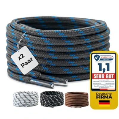 Obrázek LaceHype 2 páry prémiové kulaté tkaničky [ Ø 4,5 mm ] polyester na pracovní boty, outdoorové boty a sportovní odolné proti roztržení tkaniček, Tmavě šedá / modrá