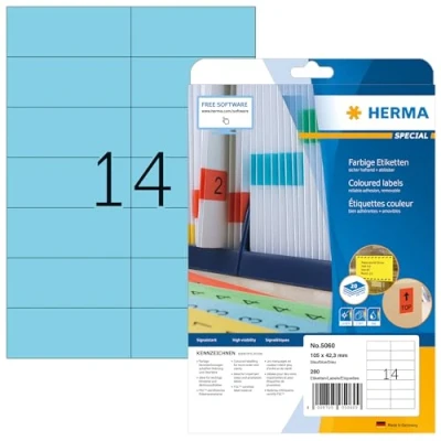 Obrázek barevné etikety modré odstranitelné, 20 listů, 105 x 42,3 mm, 14 kusů na arch formátu A4, 280 samolepek, samolepicí, potisknutelné, matné, prázdné z papíru