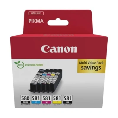 Obrázek Canon PGI 580 CLI 581 BK C M Y PGBK výhodné balení 5 inkoustových kazet (černá, azurová, purpurová, žlutá, pigmentová černá) Originální [ekologické recyklovaného kartonu 2024 s pojistkou proti