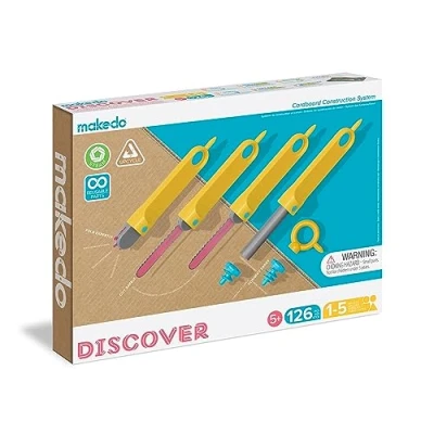 Obrázek Makedo Stavebnice na lepenku, dětské hry od 5, hračka učení máty, perfektní pro kreativní hraní doma 126dílná sada nářadí Discover balení