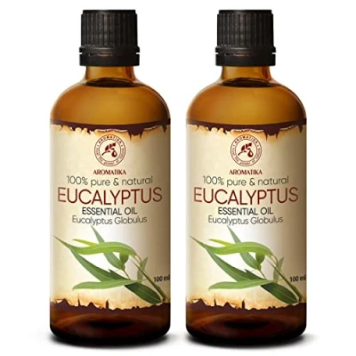 Obrázek Éterický olej eukalyptus 200 ml 2 x 100 Eucalyptus Globulus přírodní a čistý éterický eukalyptový Nejlepší pro saunu vůně v místnosti difuzér vonná lampa &amp; zvlhčovač vzduchu